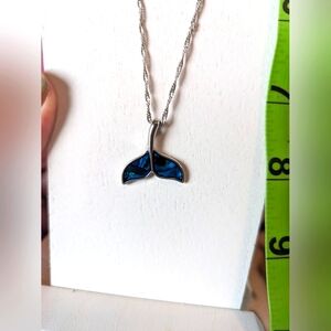 Whale tail silver necklace with blue abalone inlay